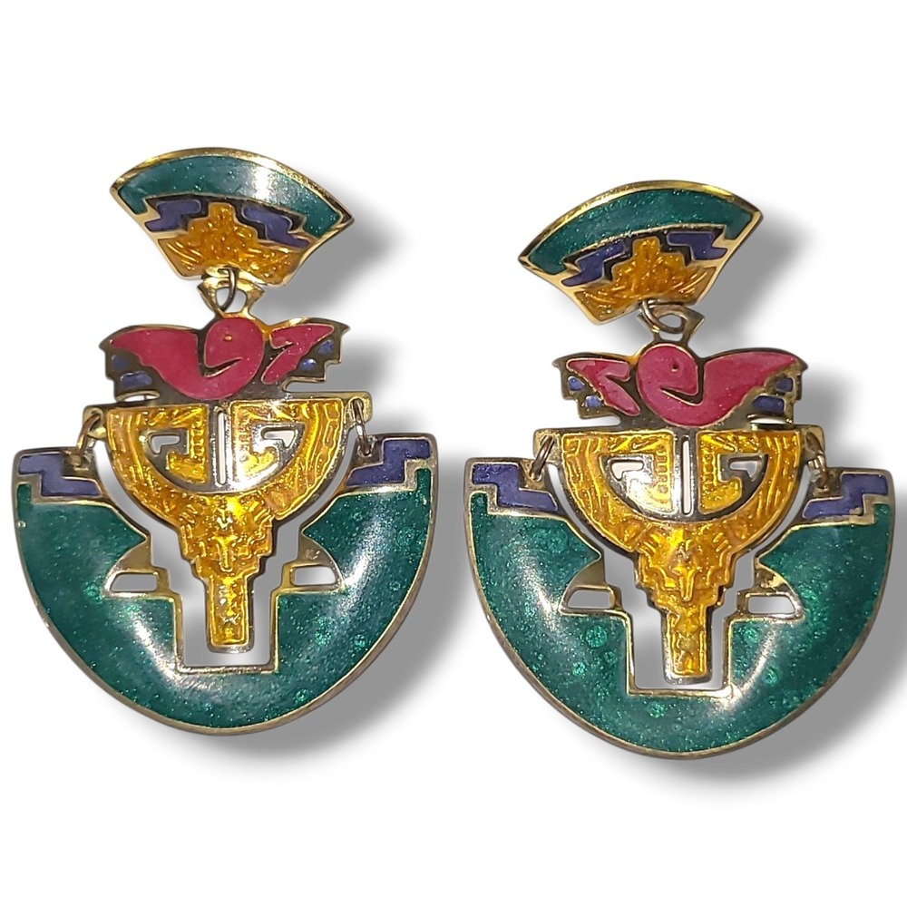 Vintage Berébi Style Geometric Enamel Earrings Teal Purple Pink Gold Unsigned
